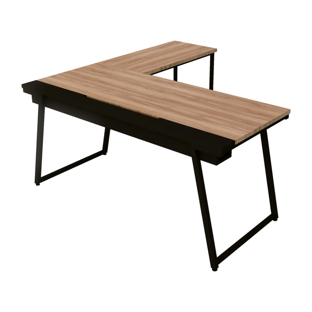 Mesa de escritório em L industrial com extensão e bandeja Soho